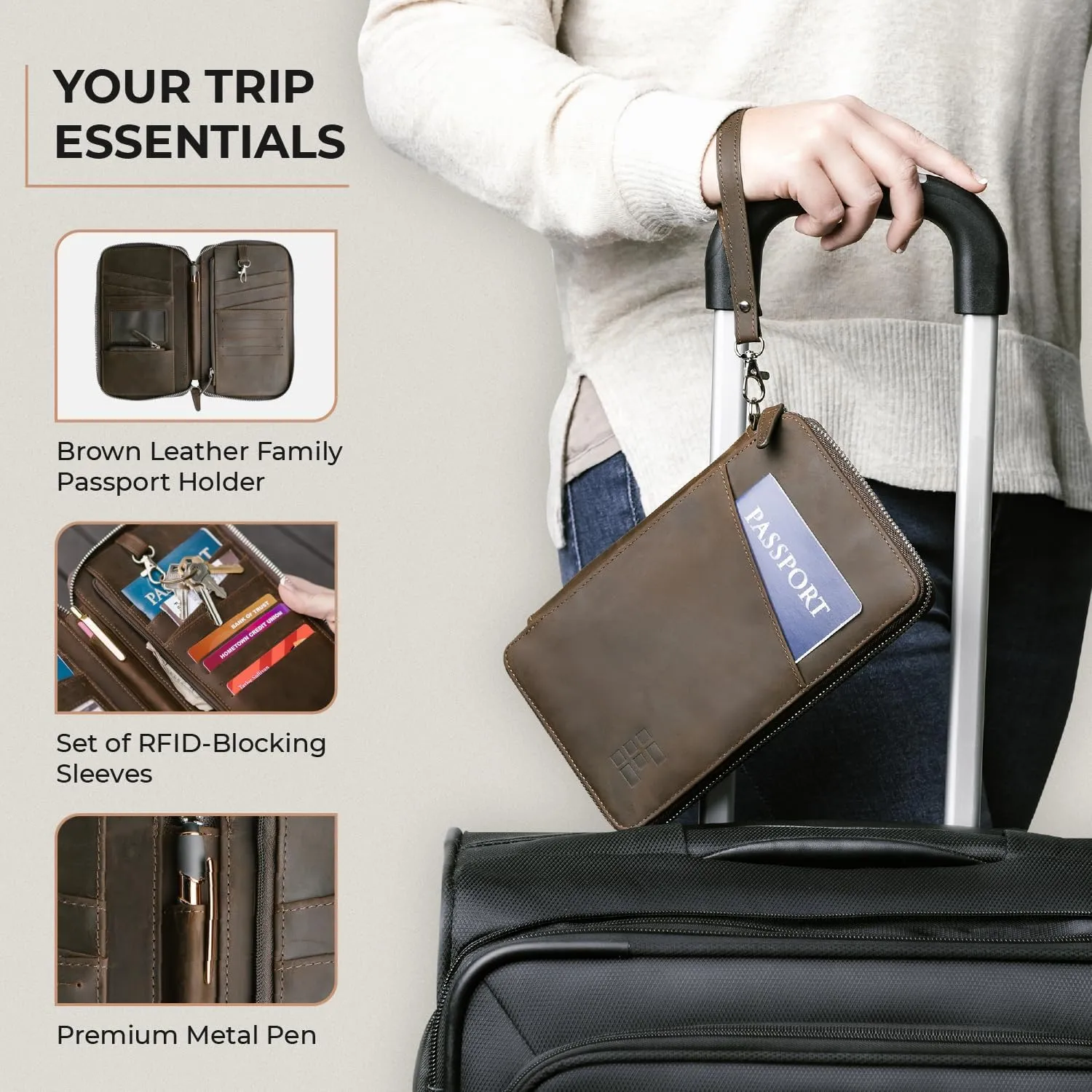 Leather Passport Holder for Family - RFID Blocking Travel Wallet for 6 Passports, Cards, Cash & More - Genuine Top Grain Leather Document Organizer with Wrist Strap, Key Ring & YKK Zipper - Mocha