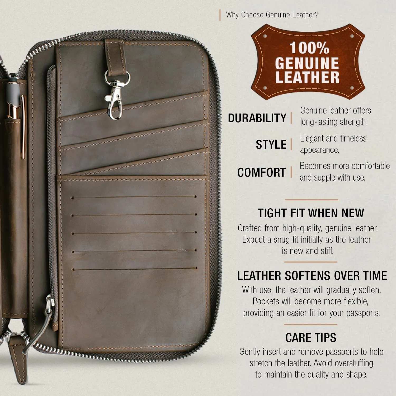 Leather Passport Holder for Family - RFID Blocking Travel Wallet for 6 Passports, Cards, Cash & More - Genuine Top Grain Leather Document Organizer with Wrist Strap, Key Ring & YKK Zipper - Mocha