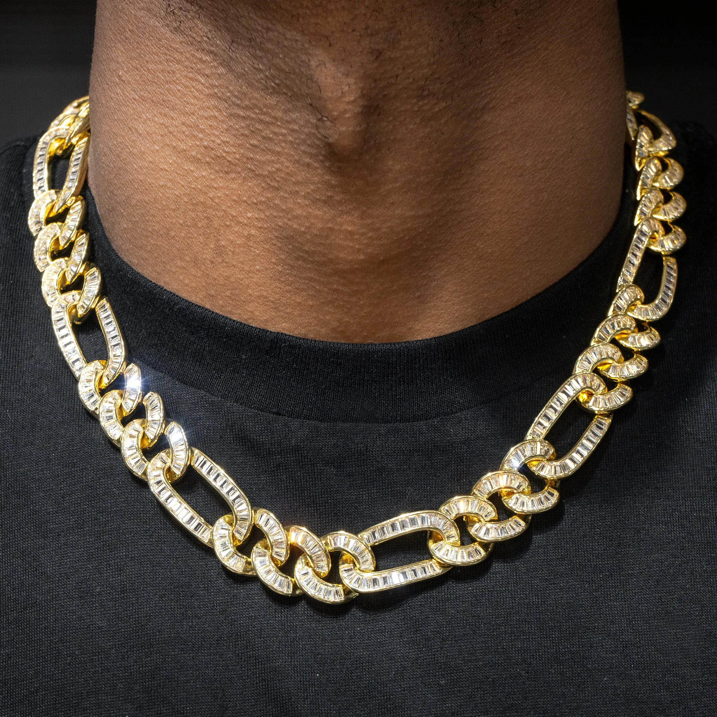 Mens Gold Iced Out Baguette Figaro Chain