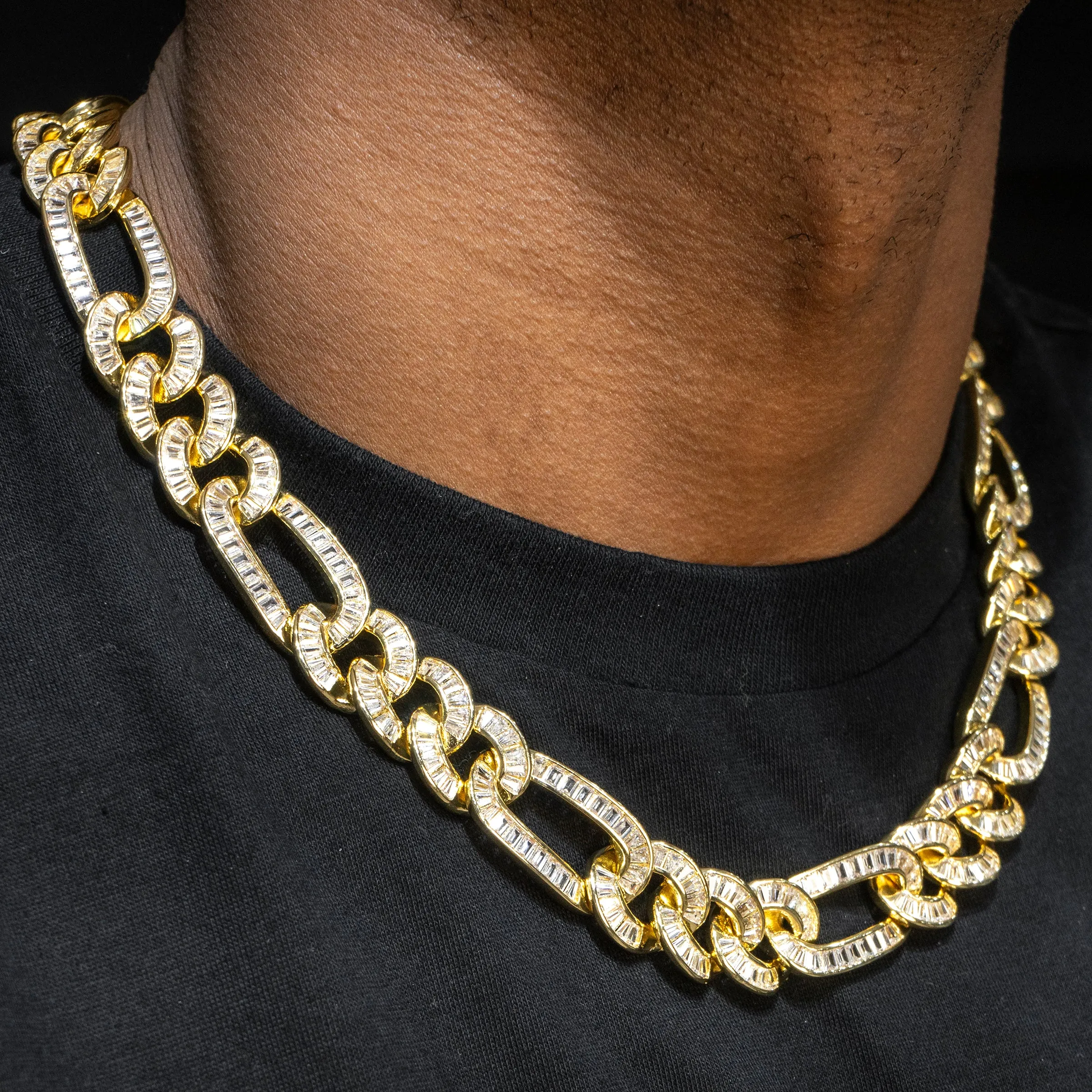 Mens Gold Iced Out Baguette Figaro Chain