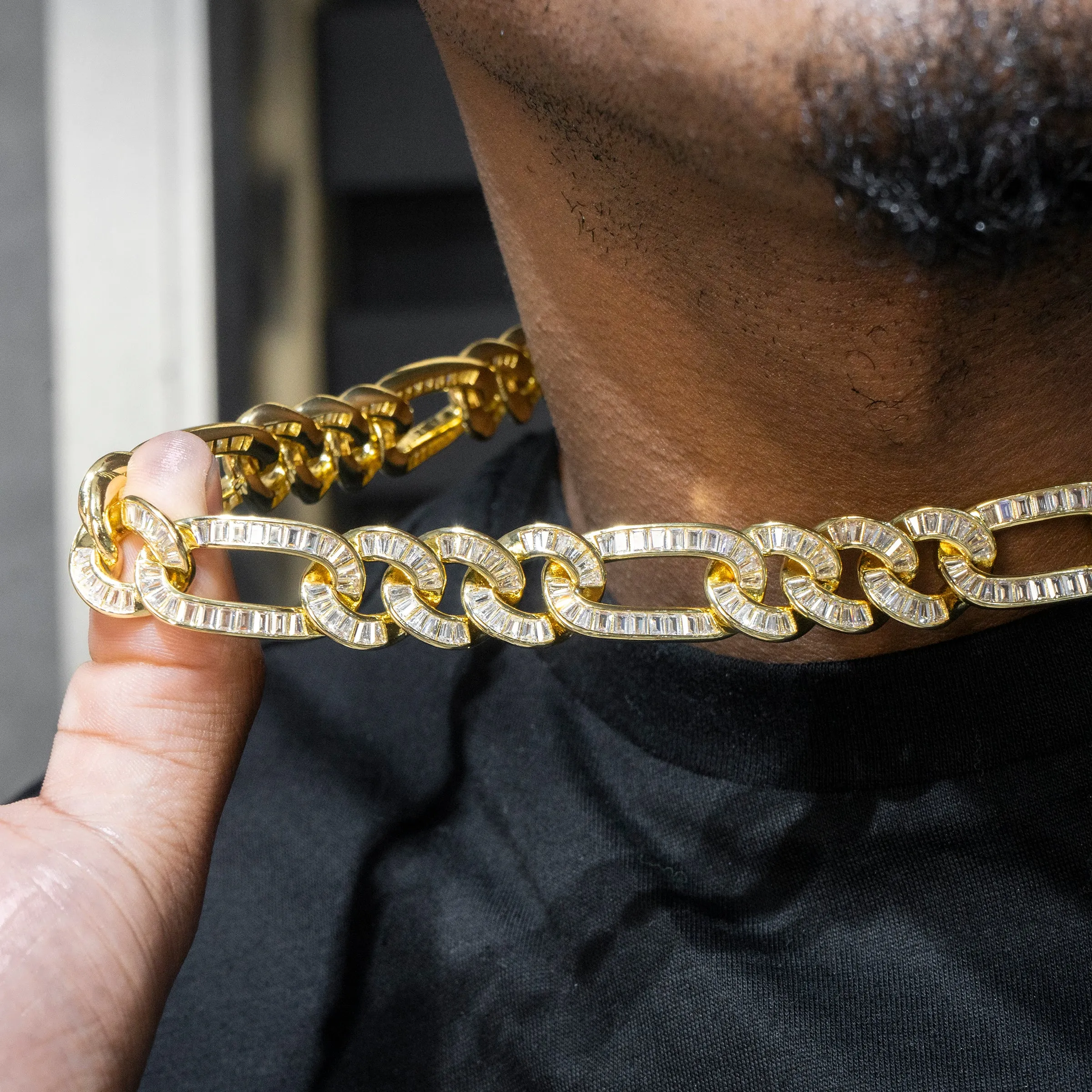 Mens Gold Iced Out Baguette Figaro Chain