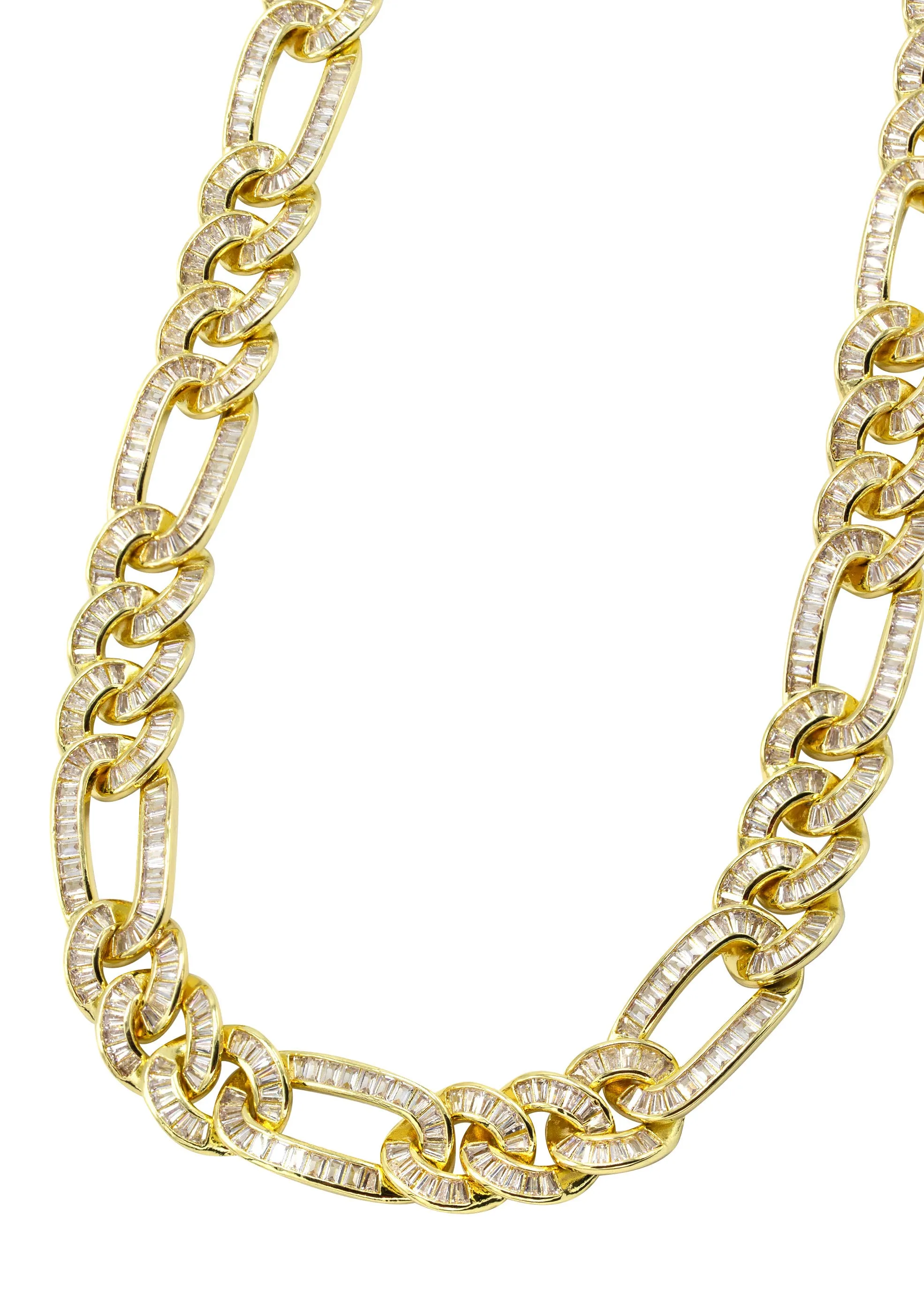 Mens Gold Iced Out Baguette Figaro Chain