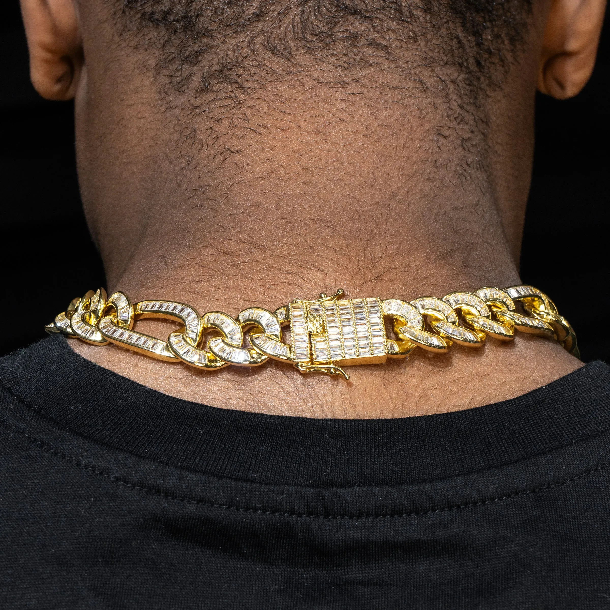 Mens Gold Iced Out Baguette Figaro Chain