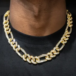 Mens Gold Iced Out Baguette Figaro Chain