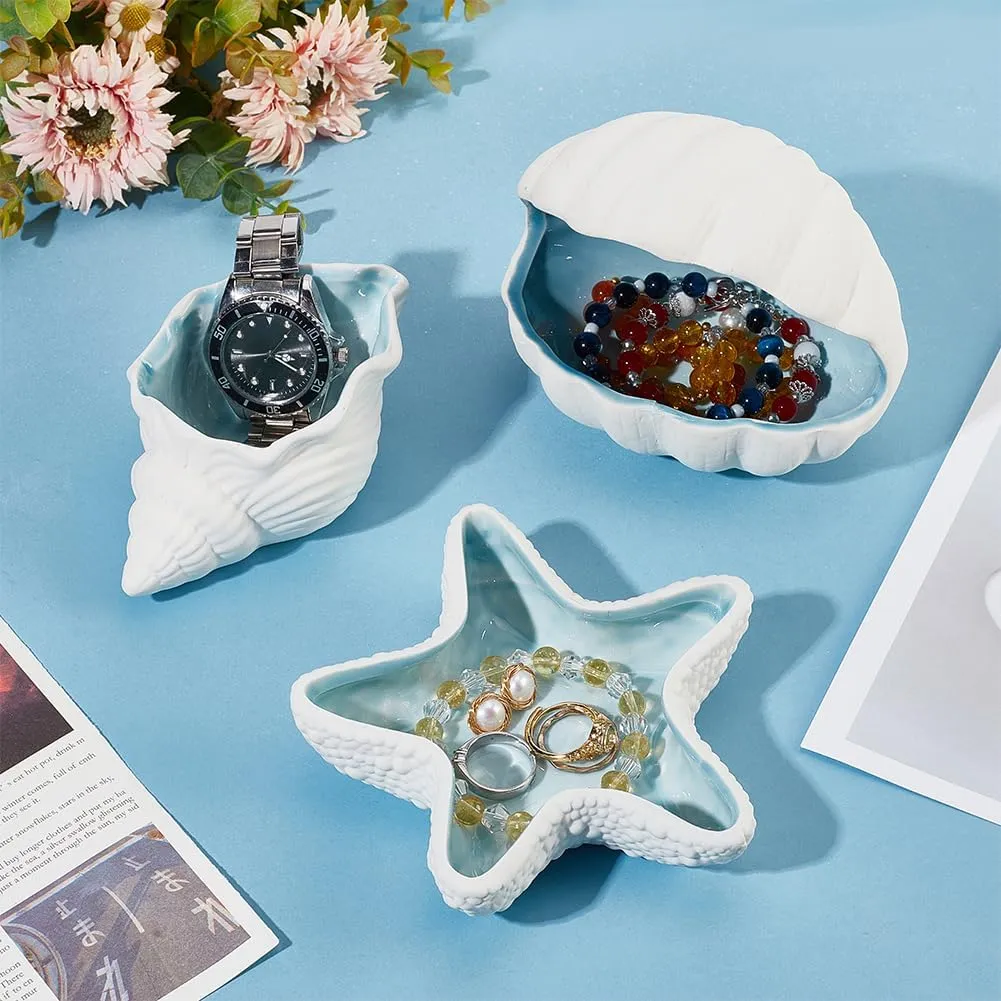 NBEADS Starfish Shape Ceramic Jewelry Tray, Aqua Shell Trinket Dish Ceramic Ring Earring Holder Ocean-themed Decorative Trinket Plate for Rings Earrings Necklaces Bracelet Jewelry Watch Keys