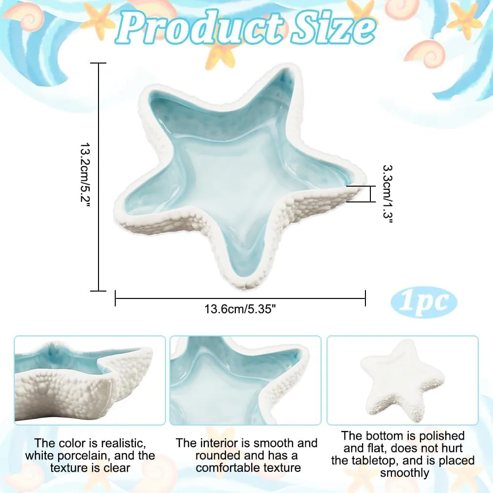 NBEADS Starfish Shape Ceramic Jewelry Tray, Aqua Shell Trinket Dish Ceramic Ring Earring Holder Ocean-themed Decorative Trinket Plate for Rings Earrings Necklaces Bracelet Jewelry Watch Keys