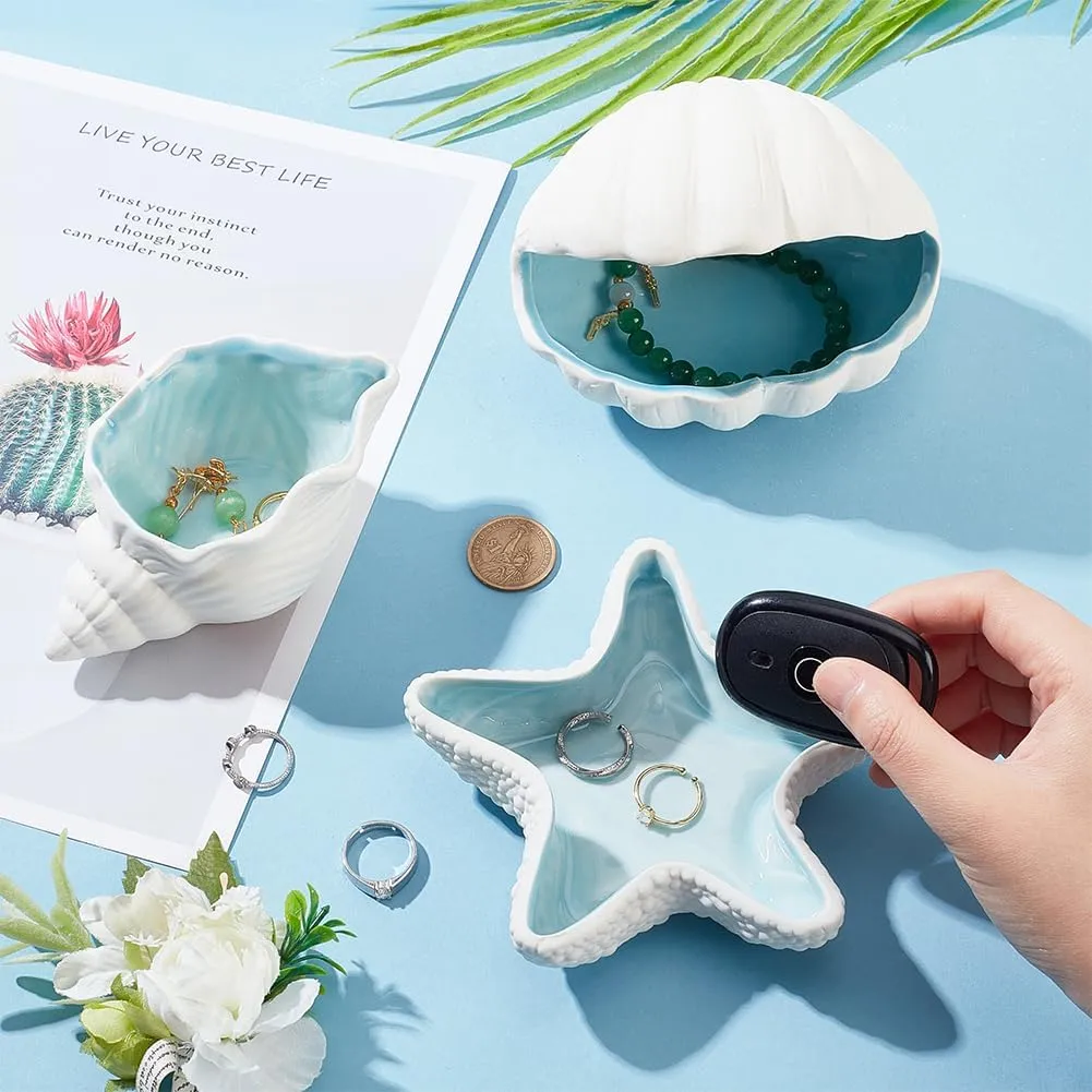NBEADS Starfish Shape Ceramic Jewelry Tray, Aqua Shell Trinket Dish Ceramic Ring Earring Holder Ocean-themed Decorative Trinket Plate for Rings Earrings Necklaces Bracelet Jewelry Watch Keys