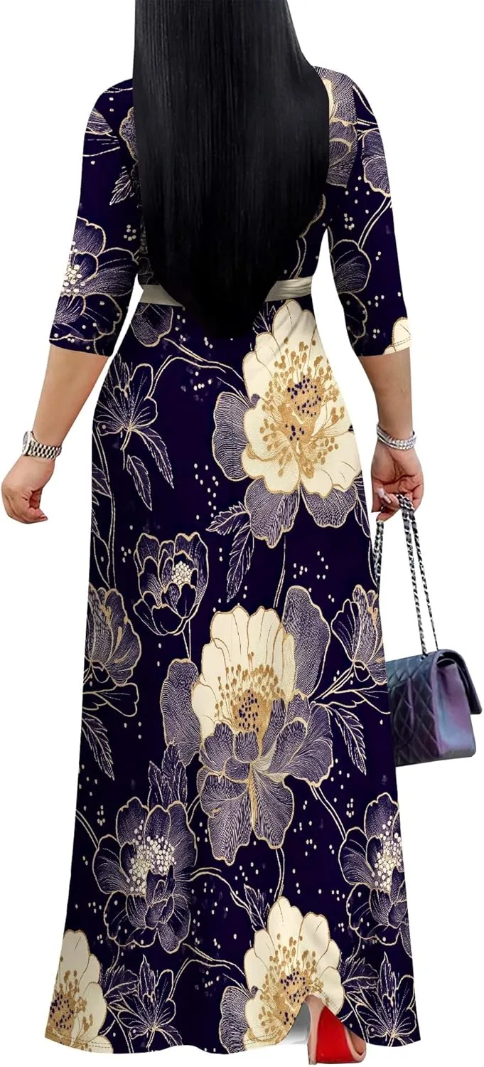 PinkPatty Women's Plus Size Maxi Dresses 3/4 Sleeves Bohemian Long Dress Printed Swing Dress with Belt