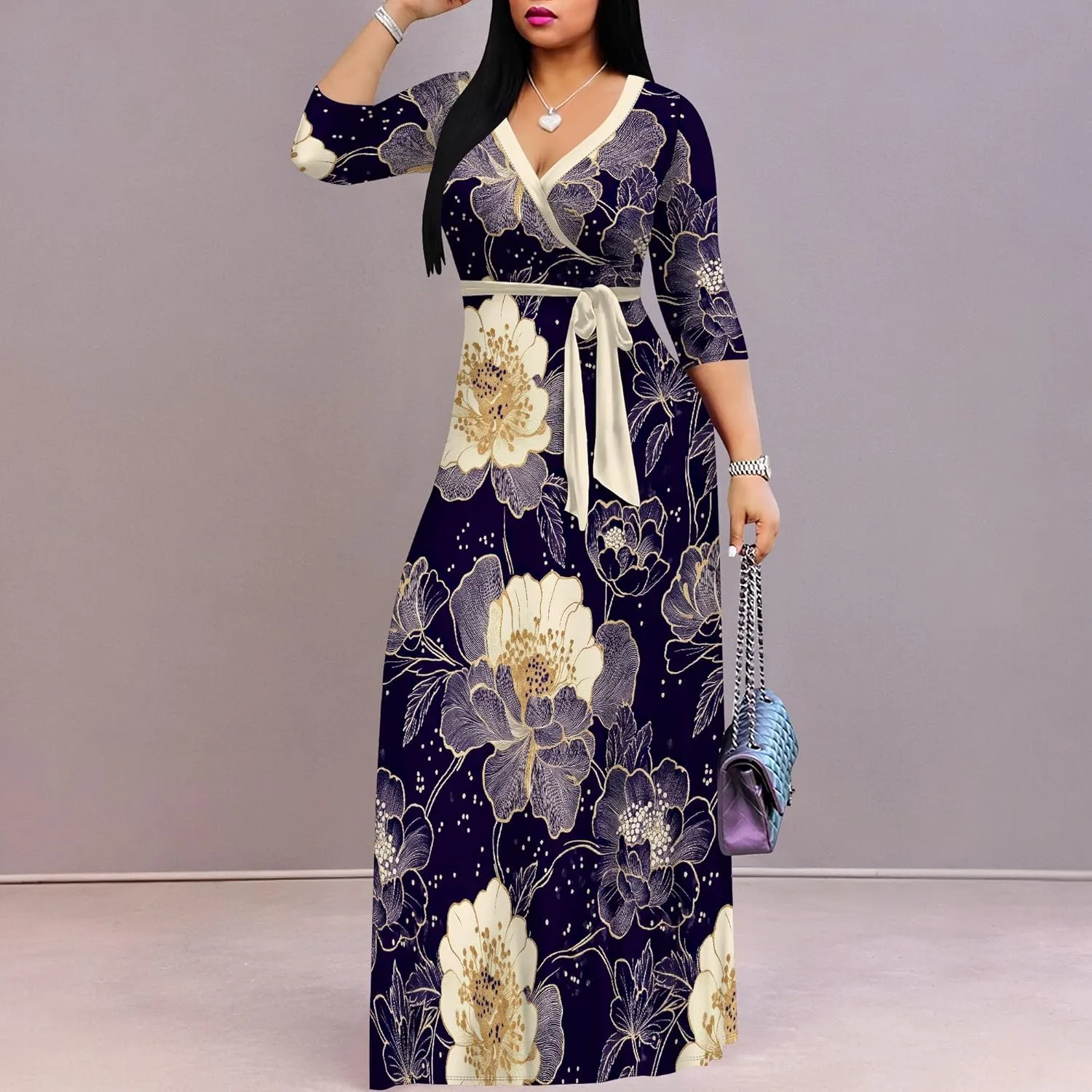 PinkPatty Women's Plus Size Maxi Dresses 3/4 Sleeves Bohemian Long Dress Printed Swing Dress with Belt