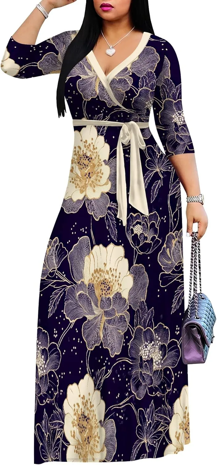 PinkPatty Women's Plus Size Maxi Dresses 3/4 Sleeves Bohemian Long Dress Printed Swing Dress with Belt