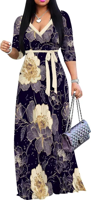PinkPatty Women's Plus Size Maxi Dresses 3/4 Sleeves Bohemian Long Dress Printed Swing Dress with Belt