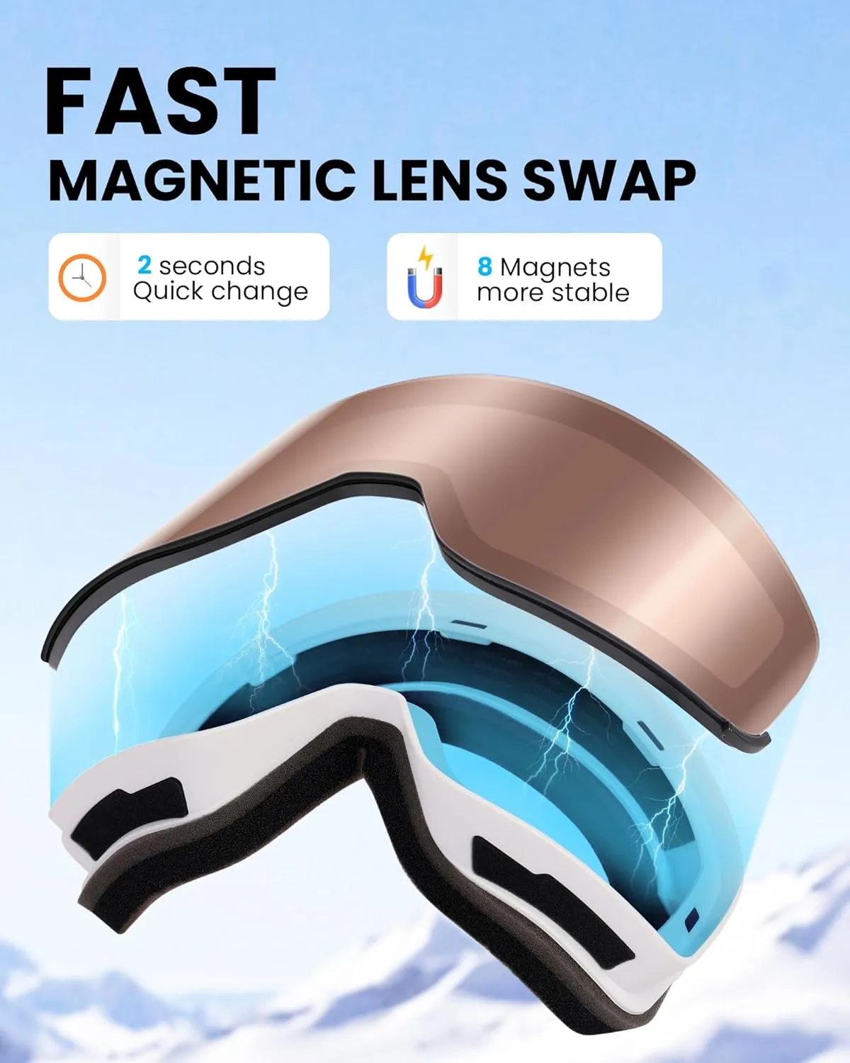 SNOWER Ski Goggles, Interchangeable Lens Anti-Fog Snow Goggles, UV Protection, OTG HD Snowboard Goggles for Men Women Adult
