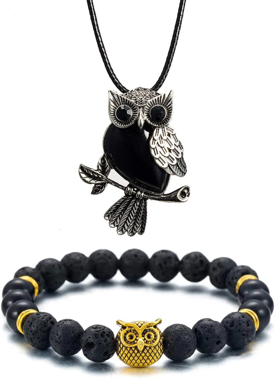 Softones Owl Necklace Healing Crystals Necklace for Women Men Reiki Spiritual Energy Gemstone Necklace Lava Owl Bracelet Set Gifts for Women with Gift Box
