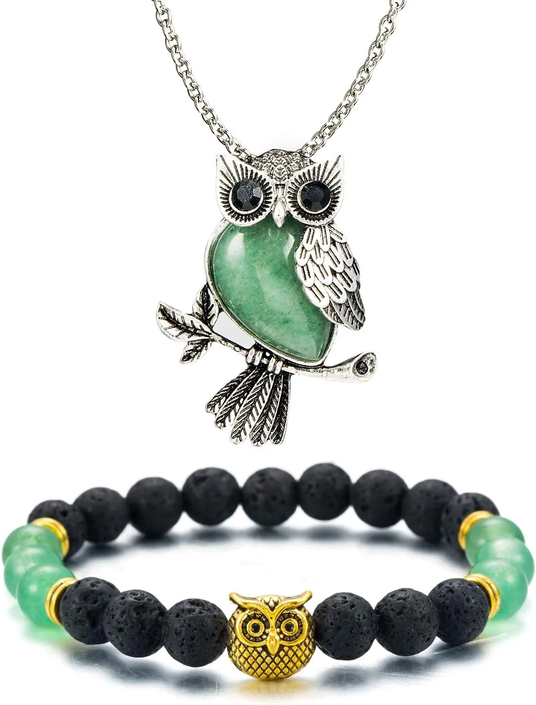 Softones Owl Necklace Healing Crystals Necklace for Women Men Reiki Spiritual Energy Gemstone Necklace Lava Owl Bracelet Set Gifts for Women with Gift Box