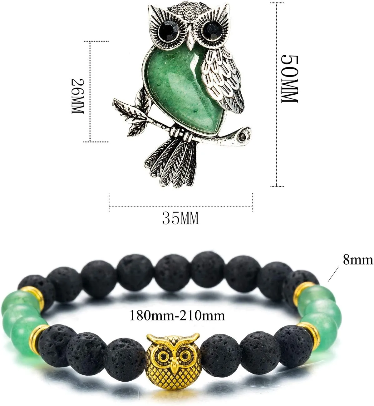 Softones Owl Necklace Healing Crystals Necklace for Women Men Reiki Spiritual Energy Gemstone Necklace Lava Owl Bracelet Set Gifts for Women with Gift Box
