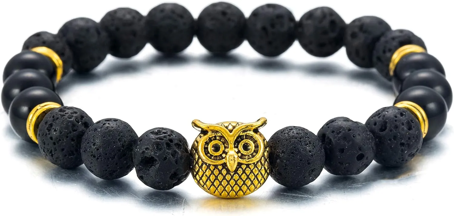 Softones Owl Necklace Healing Crystals Necklace for Women Men Reiki Spiritual Energy Gemstone Necklace Lava Owl Bracelet Set Gifts for Women with Gift Box
