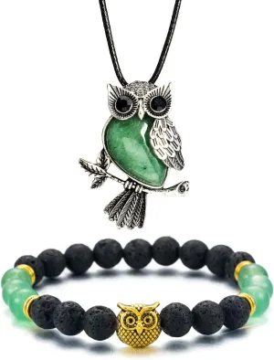 Softones Owl Necklace Healing Crystals Necklace for Women Men Reiki Spiritual Energy Gemstone Necklace Lava Owl Bracelet Set Gifts for Women with Gift Box