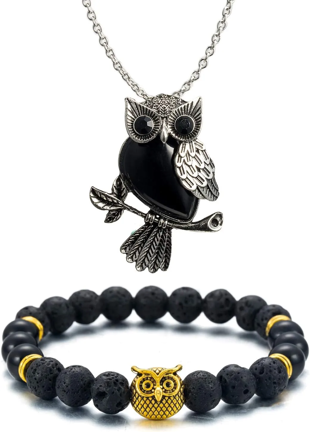 Softones Owl Necklace Healing Crystals Necklace for Women Men Reiki Spiritual Energy Gemstone Necklace Lava Owl Bracelet Set Gifts for Women with Gift Box