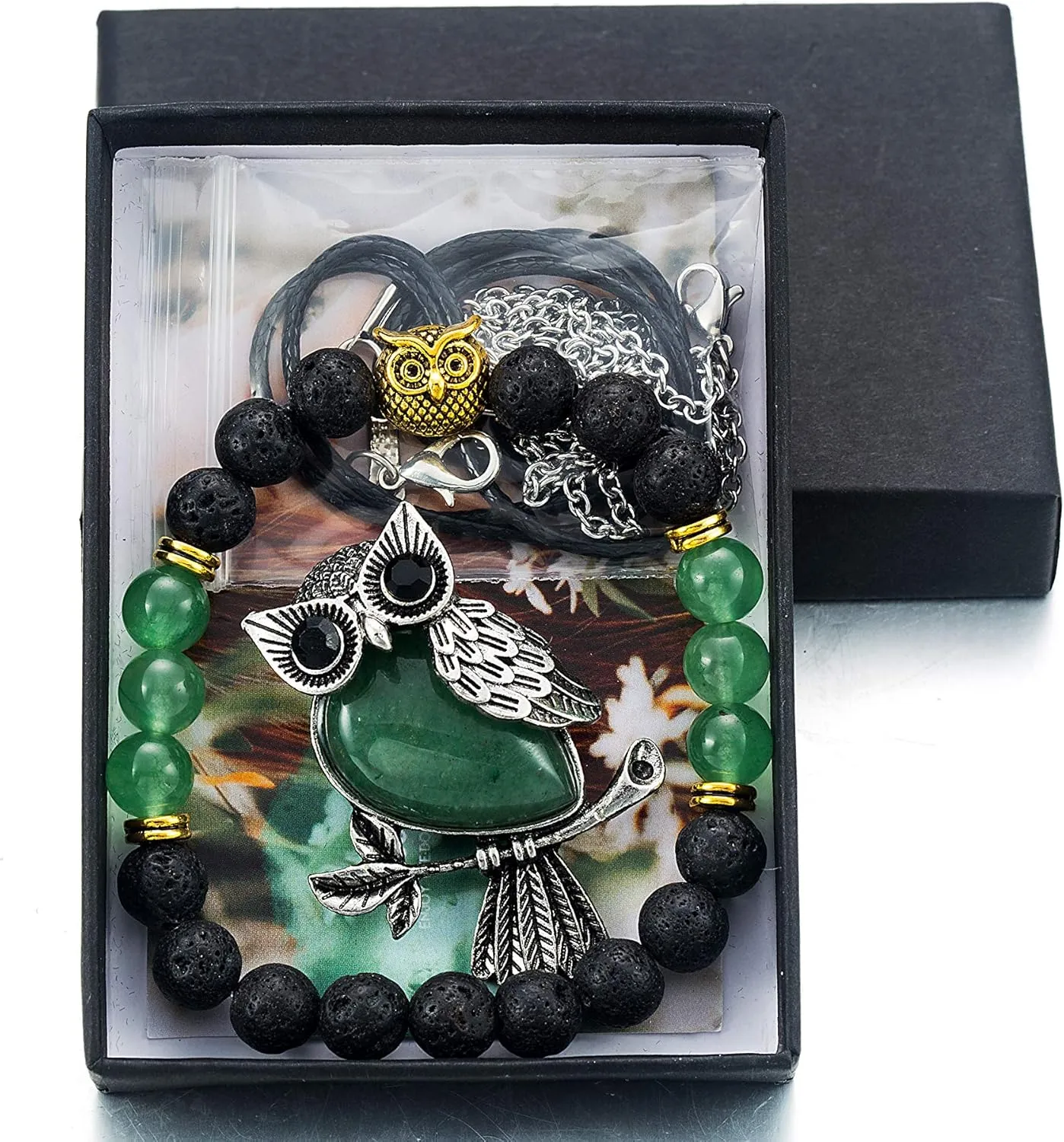 Softones Owl Necklace Healing Crystals Necklace for Women Men Reiki Spiritual Energy Gemstone Necklace Lava Owl Bracelet Set Gifts for Women with Gift Box