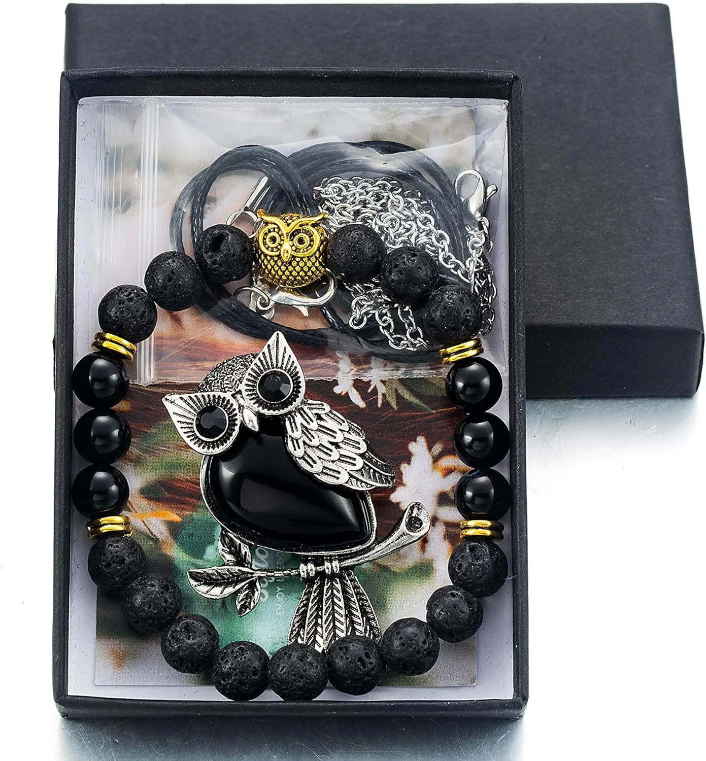 Softones Owl Necklace Healing Crystals Necklace for Women Men Reiki Spiritual Energy Gemstone Necklace Lava Owl Bracelet Set Gifts for Women with Gift Box