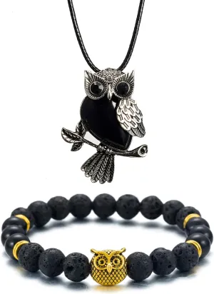 Softones Owl Necklace Healing Crystals Necklace for Women Men Reiki Spiritual Energy Gemstone Necklace Lava Owl Bracelet Set Gifts for Women with Gift Box