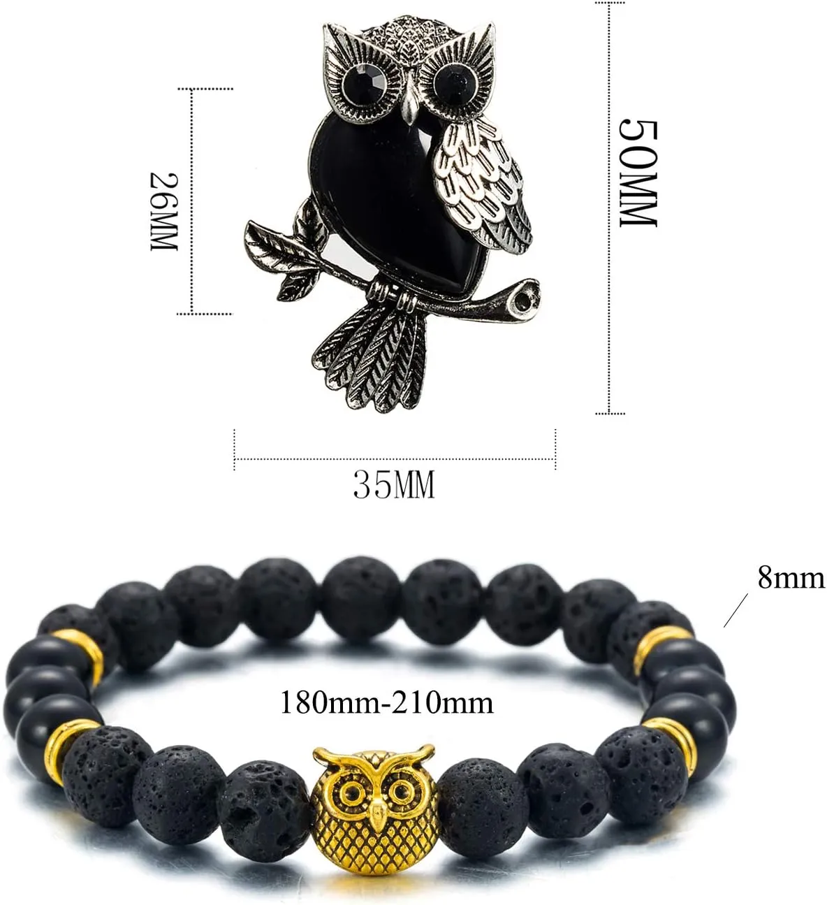 Softones Owl Necklace Healing Crystals Necklace for Women Men Reiki Spiritual Energy Gemstone Necklace Lava Owl Bracelet Set Gifts for Women with Gift Box