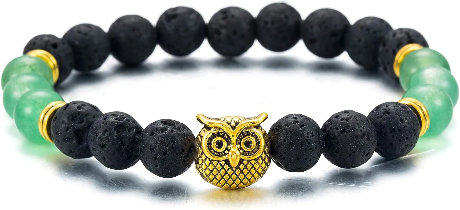 Softones Owl Necklace Healing Crystals Necklace for Women Men Reiki Spiritual Energy Gemstone Necklace Lava Owl Bracelet Set Gifts for Women with Gift Box
