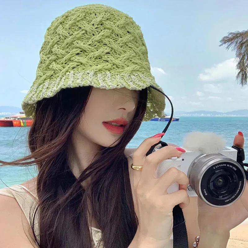 Sohiwoo Hollow Straw Weave Bucket Hats For Women Spring Summer Travel Sunshade Hat Fishermen Cap For Lady Panama Outdoor Basin Cap Gorro