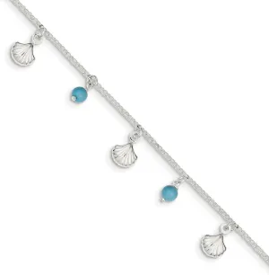 Solid 925 Sterling Silver Polished Shell And Turquoise 1In Ext. Anklet