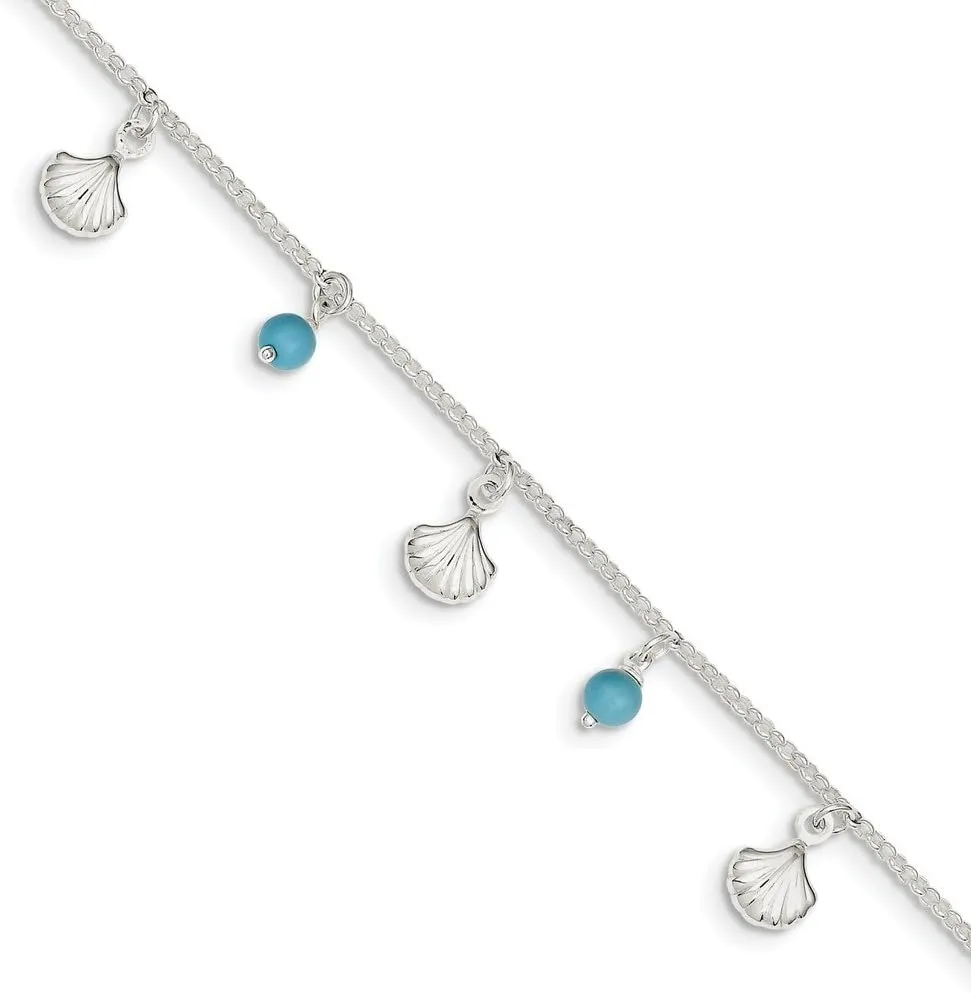 Solid 925 Sterling Silver Polished Shell And Turquoise 1In Ext. Anklet