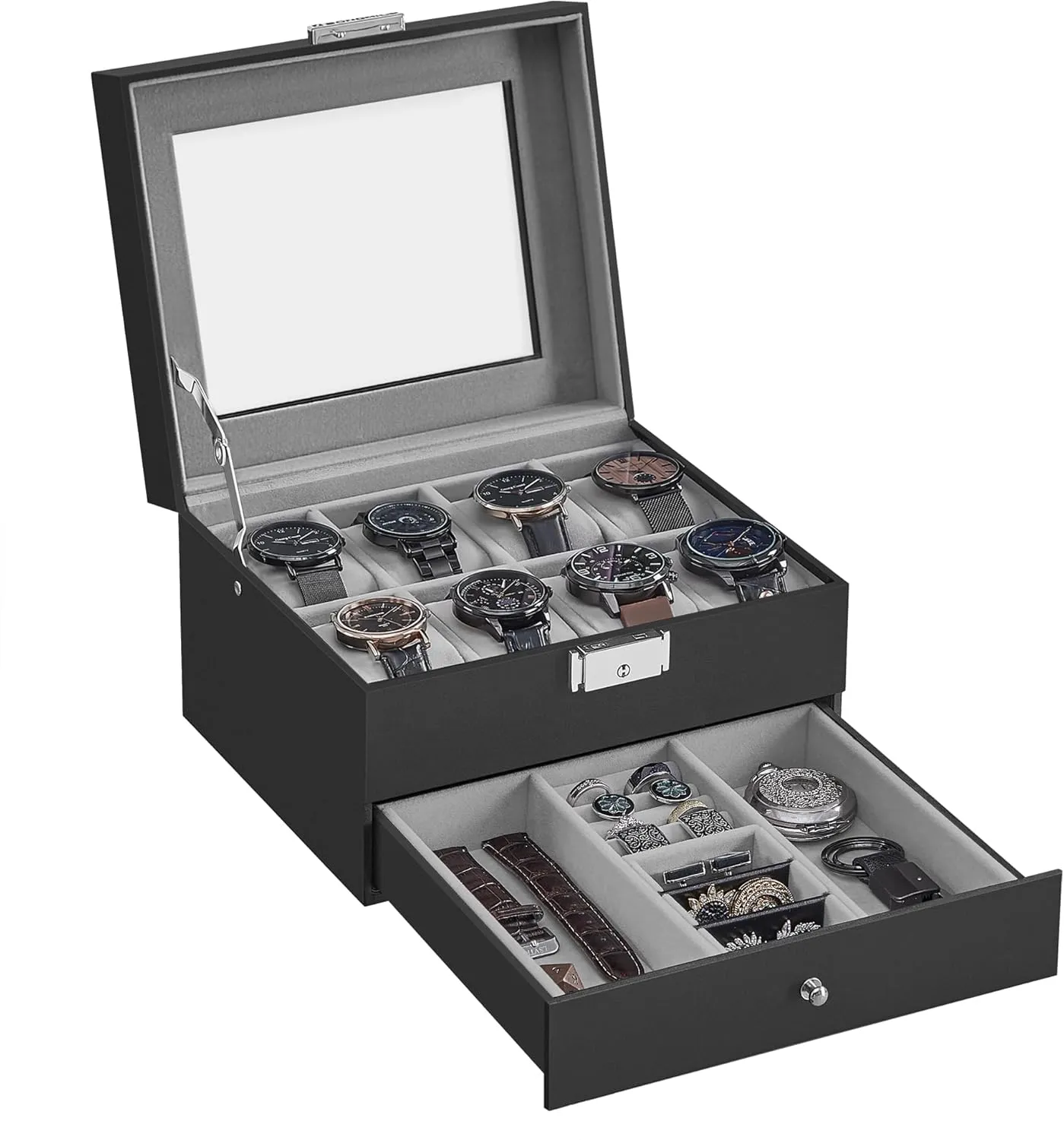 SONGMICS 8-Slot Watch Box, Lockable Watch Case with Glass Lid, 2 Layers, with 1 Drawer for Rings, Bracelets, Gift Idea, Black Synthetic Leather, Greenish Gray Lining UJWB080G01