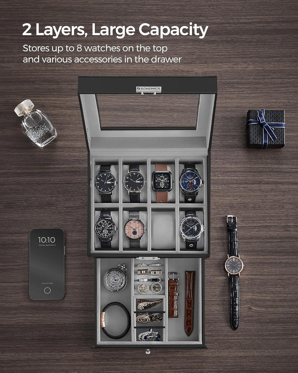 SONGMICS 8-Slot Watch Box, Lockable Watch Case with Glass Lid, 2 Layers, with 1 Drawer for Rings, Bracelets, Gift Idea, Black Synthetic Leather, Greenish Gray Lining UJWB080G01