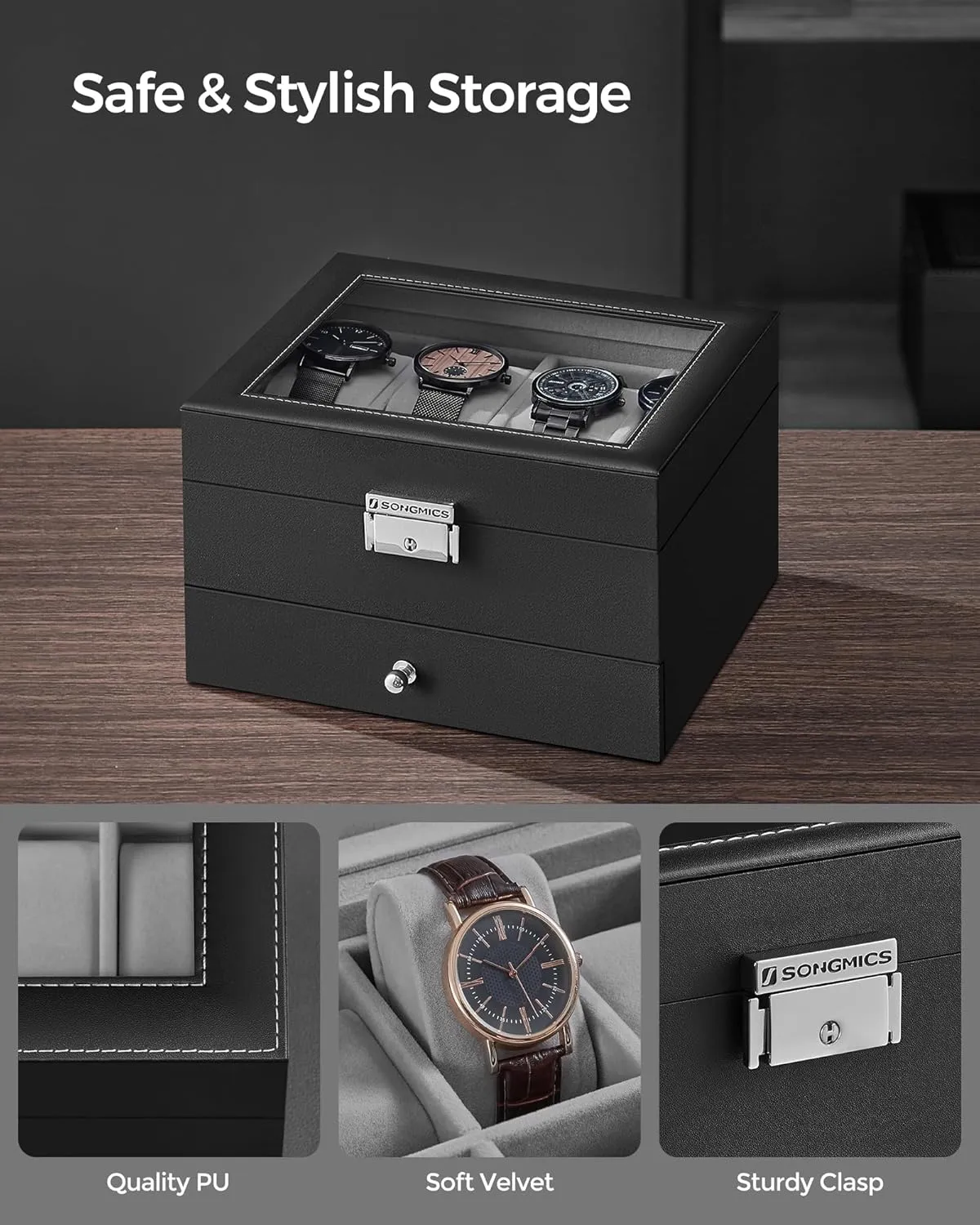 SONGMICS 8-Slot Watch Box, Lockable Watch Case with Glass Lid, 2 Layers, with 1 Drawer for Rings, Bracelets, Gift Idea, Black Synthetic Leather, Greenish Gray Lining UJWB080G01