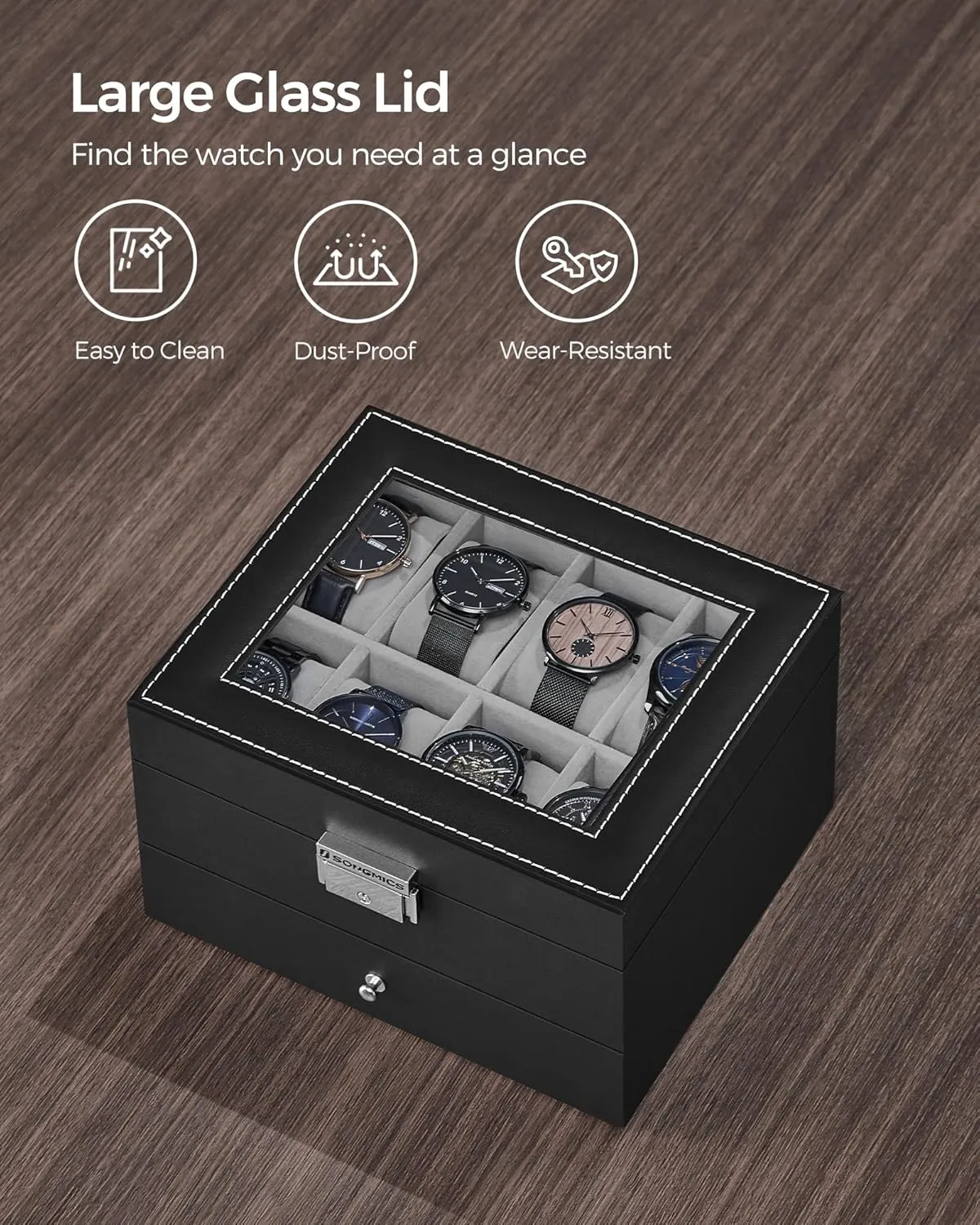 SONGMICS 8-Slot Watch Box, Lockable Watch Case with Glass Lid, 2 Layers, with 1 Drawer for Rings, Bracelets, Gift Idea, Black Synthetic Leather, Greenish Gray Lining UJWB080G01