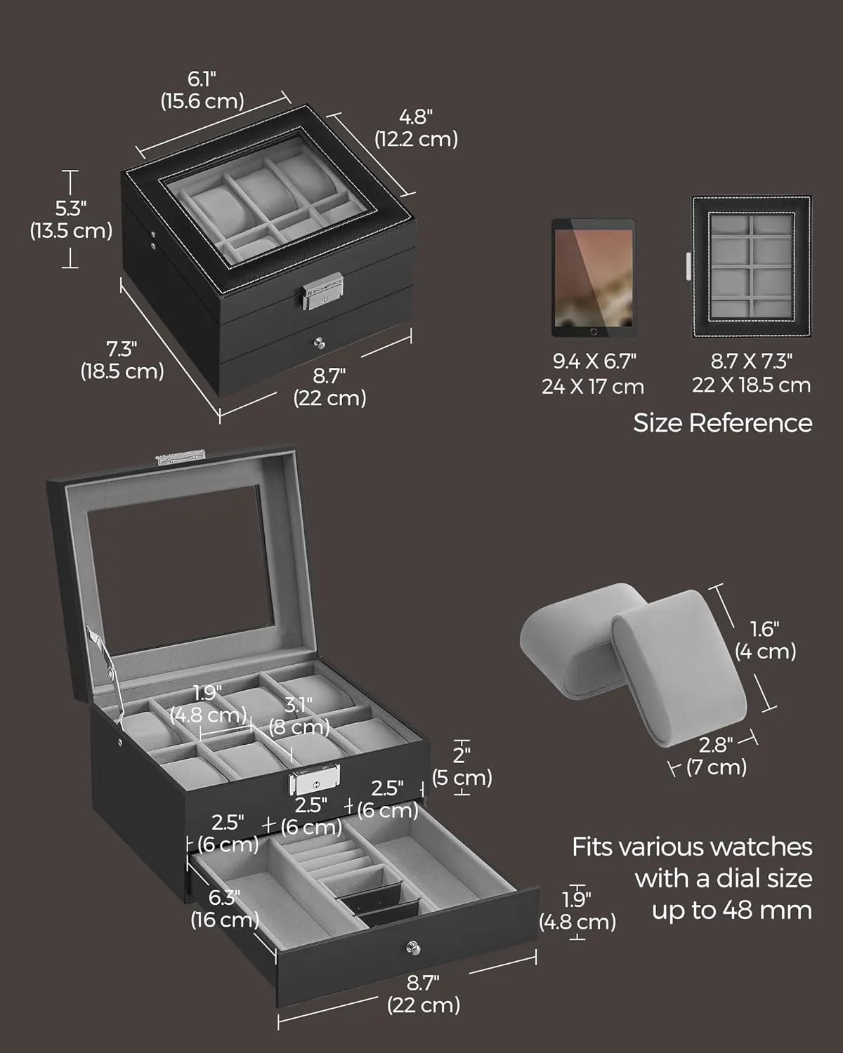SONGMICS 8-Slot Watch Box, Lockable Watch Case with Glass Lid, 2 Layers, with 1 Drawer for Rings, Bracelets, Gift Idea, Black Synthetic Leather, Greenish Gray Lining UJWB080G01