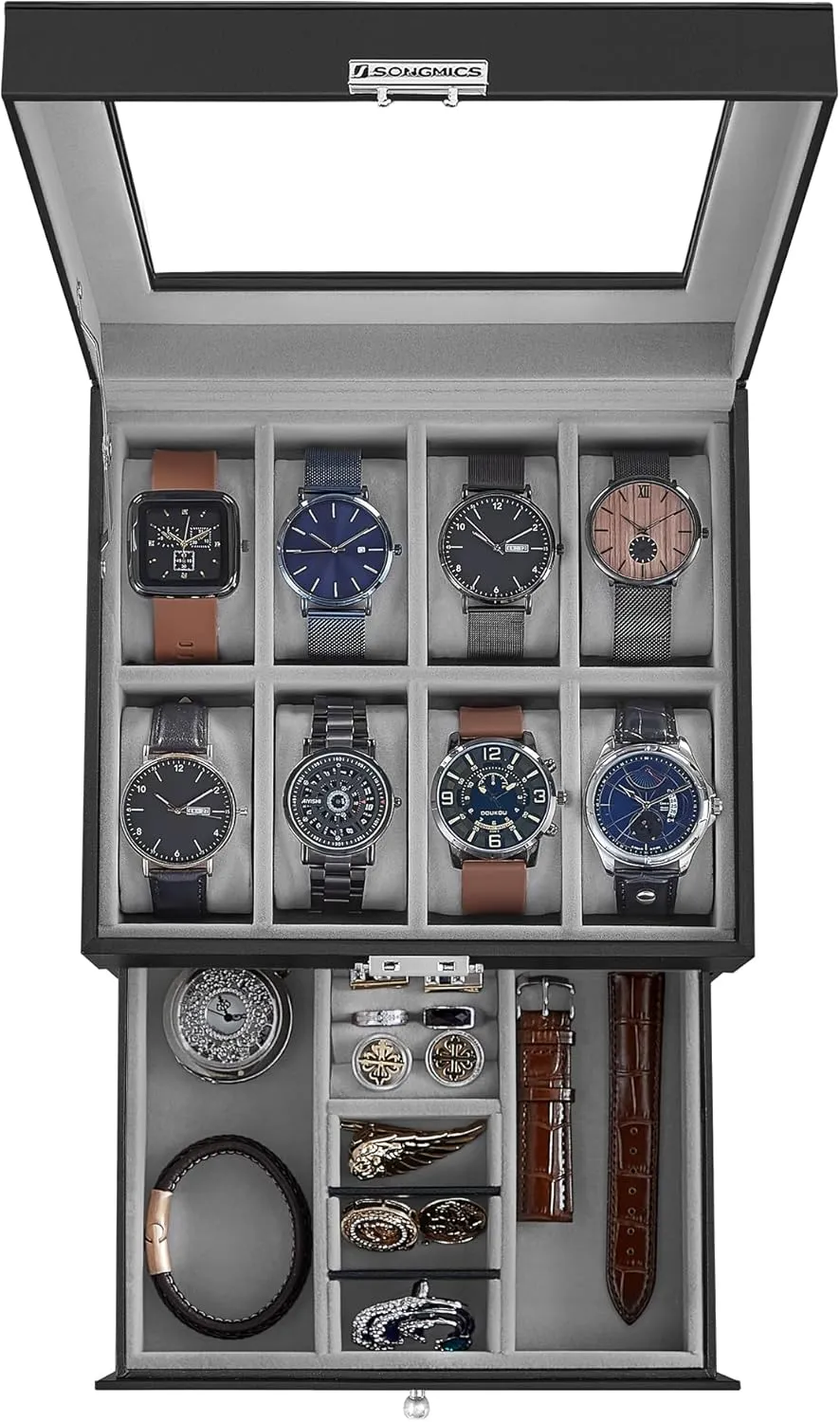 SONGMICS 8-Slot Watch Box, Lockable Watch Case with Glass Lid, 2 Layers, with 1 Drawer for Rings, Bracelets, Gift Idea, Black Synthetic Leather, Greenish Gray Lining UJWB080G01
