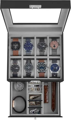 SONGMICS 8-Slot Watch Box, Lockable Watch Case with Glass Lid, 2 Layers, with 1 Drawer for Rings, Bracelets, Gift Idea, Black Synthetic Leather, Greenish Gray Lining UJWB080G01
