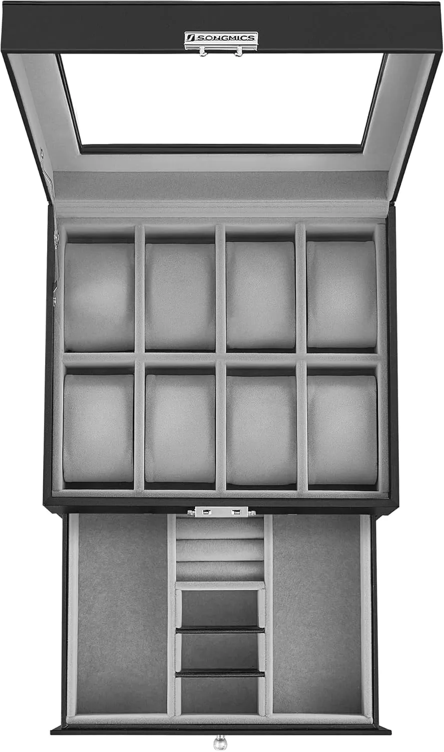 SONGMICS 8-Slot Watch Box, Lockable Watch Case with Glass Lid, 2 Layers, with 1 Drawer for Rings, Bracelets, Gift Idea, Black Synthetic Leather, Greenish Gray Lining UJWB080G01