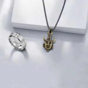Stainless Steel Dean Ring and Bronze Amulet Pendant with Black Tone Box Chain Necklace Set Winchester Inspired Cosplay Jewelry for Men