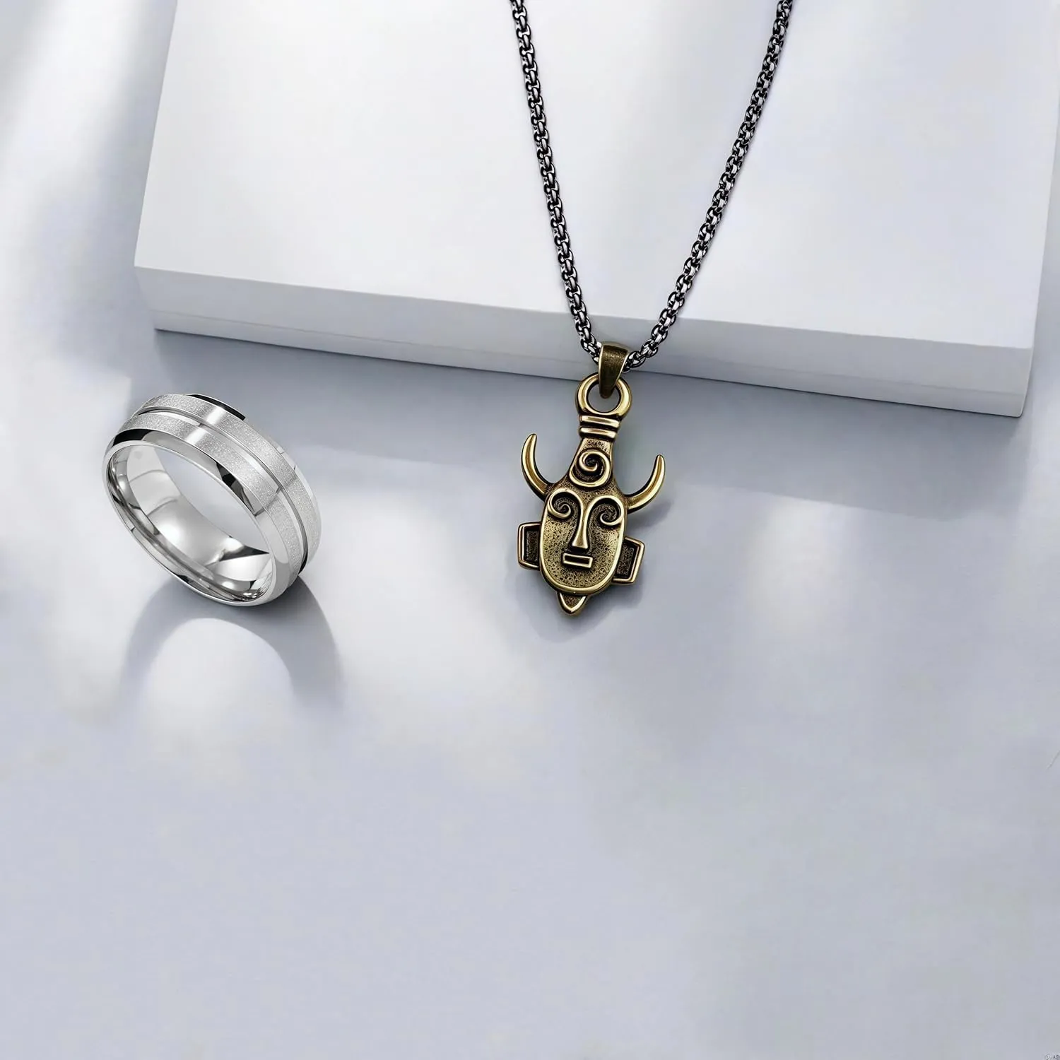 Stainless Steel Dean Ring and Bronze Amulet Pendant with Black Tone Box Chain Necklace Set Winchester Inspired Cosplay Jewelry for Men