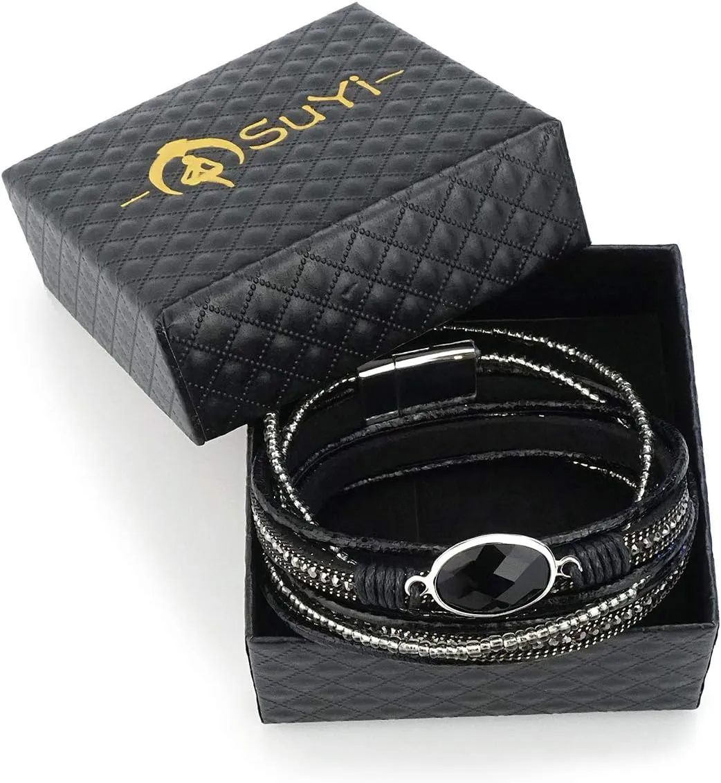 Suyi Women Wrap Bracelet Multilayered Leather Braided Bangle Wrist Cuff Bangles with Magnetic Buckle