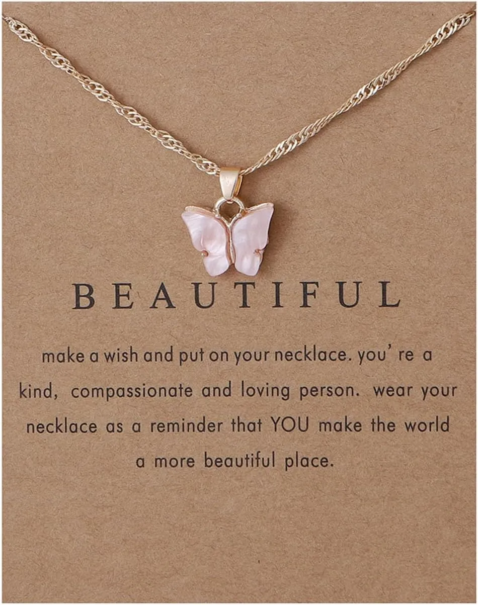 Sweet Cute Colorful Butterfly Adjustable Clavicle Chain Lightweight Arcylic Insect Necklace with Message Card Friendship Good Luck Bohemian Jewelry for Women