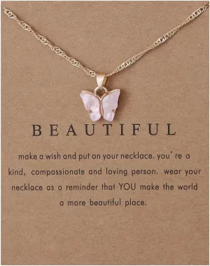 Sweet Cute Colorful Butterfly Adjustable Clavicle Chain Lightweight Arcylic Insect Necklace with Message Card Friendship Good Luck Bohemian Jewelry for Women
