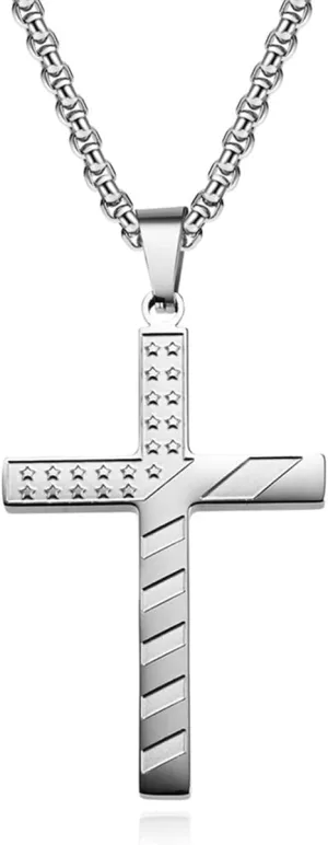 Tanyoyo Cross Necklace Stainless Steel American Flag Pendant Chain for Men Wome