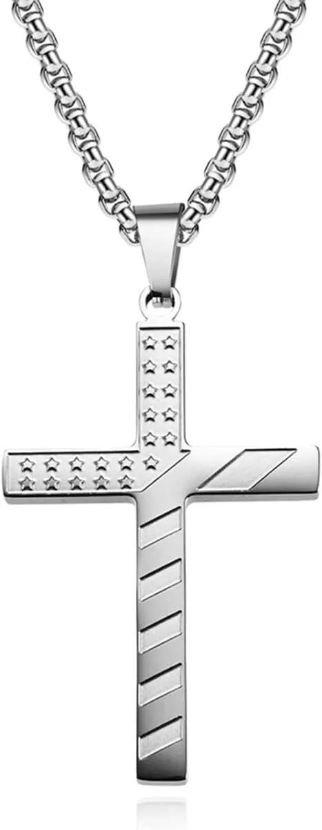 Tanyoyo Cross Necklace Stainless Steel American Flag Pendant Chain for Men Wome