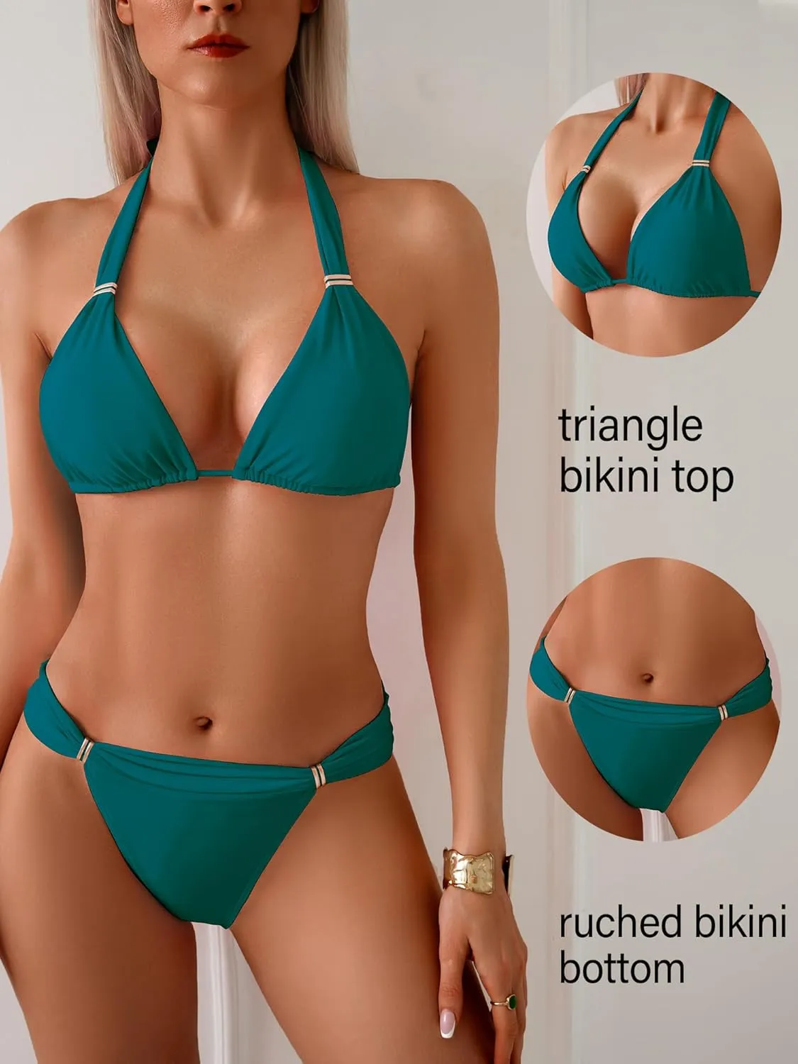 TASHEHE Women's Triangle Ruched Bikini Set Sexy Two Piece Swimsuit Sliding Rings High Cut Halter Bathing Suit