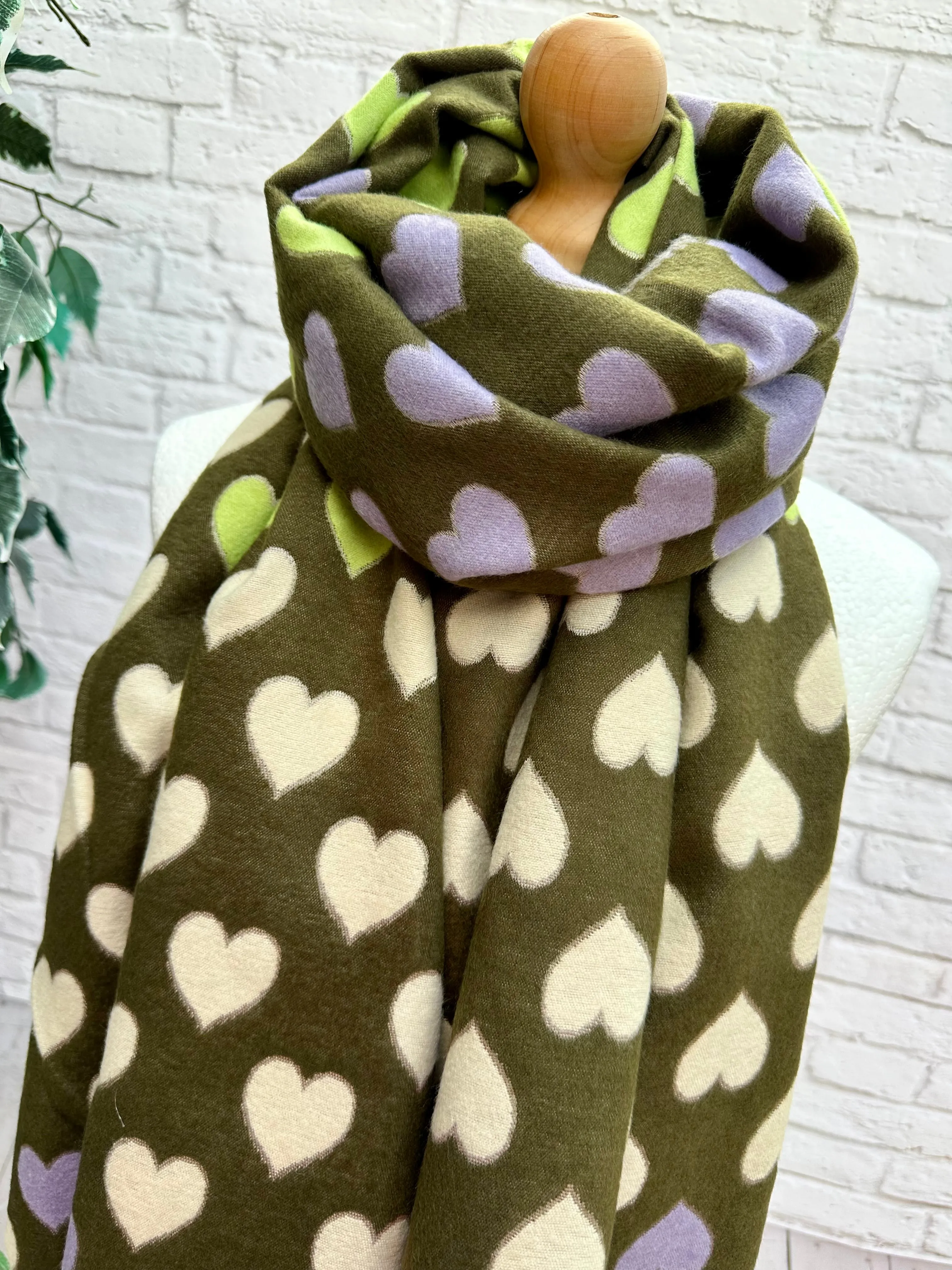 Thick Reversible Love Hearts KHAKI GREEN CREAM LILAC Pashmina Winter Scarf