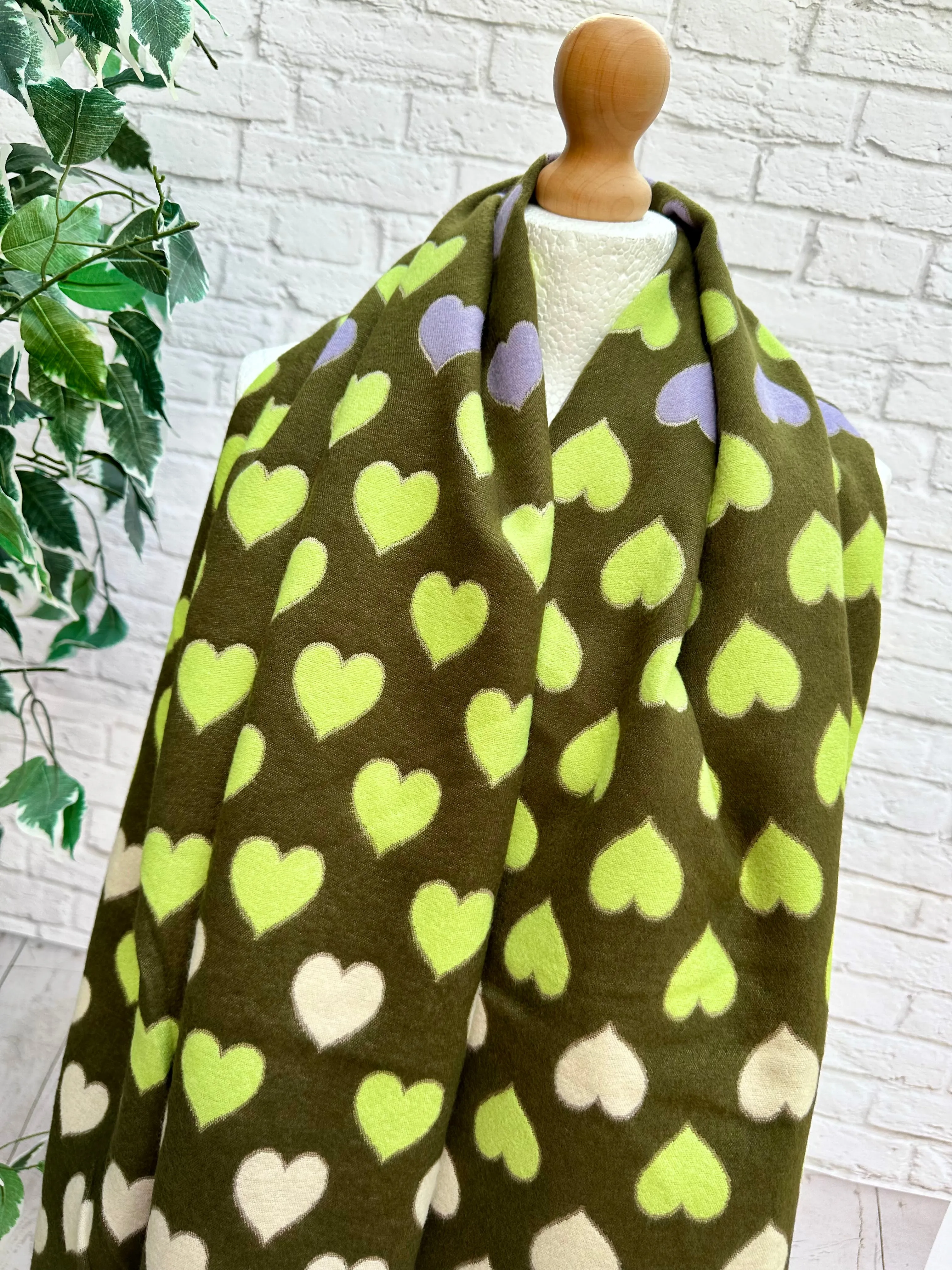Thick Reversible Love Hearts KHAKI GREEN CREAM LILAC Pashmina Winter Scarf