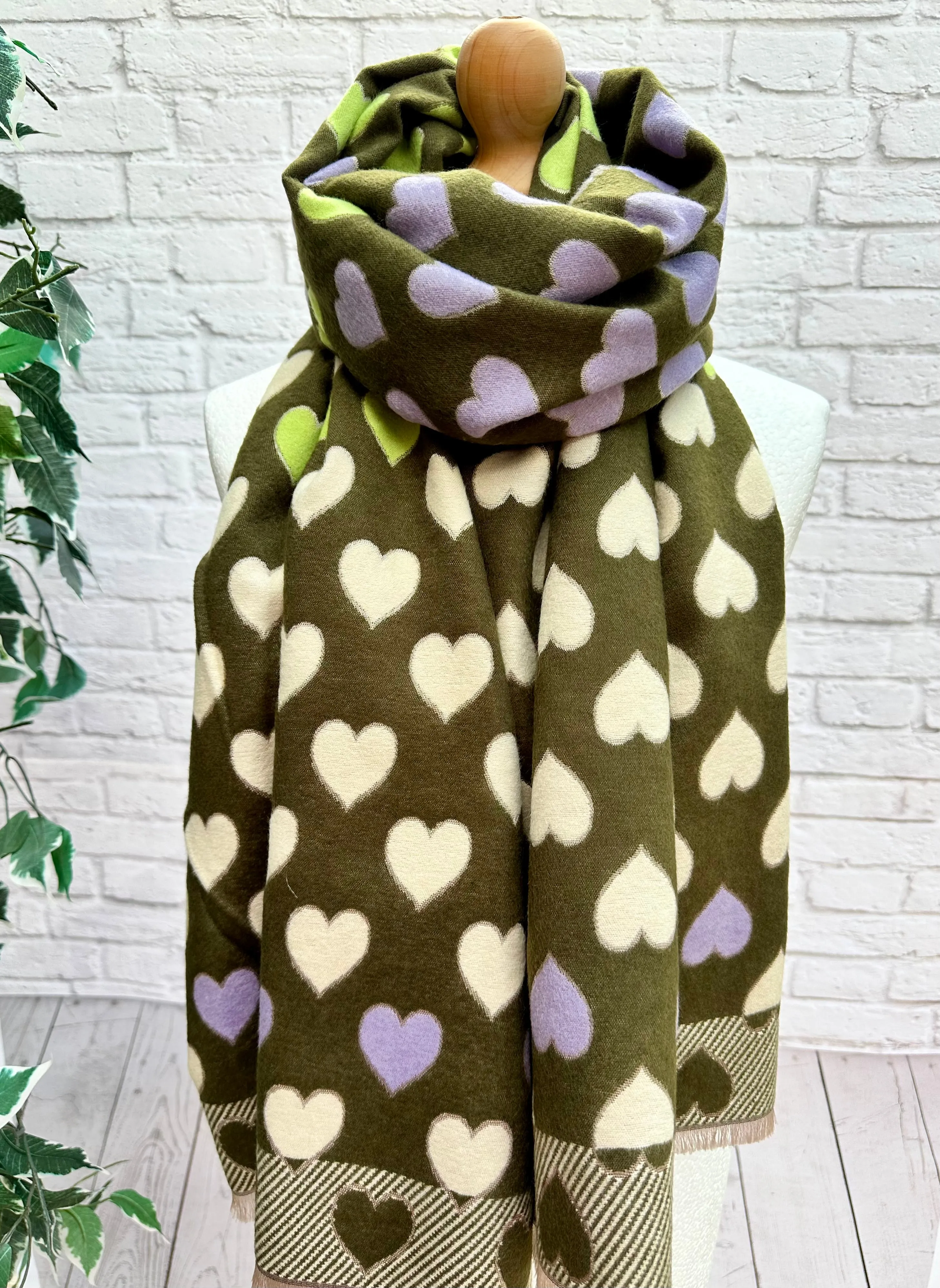 Thick Reversible Love Hearts KHAKI GREEN CREAM LILAC Pashmina Winter Scarf
