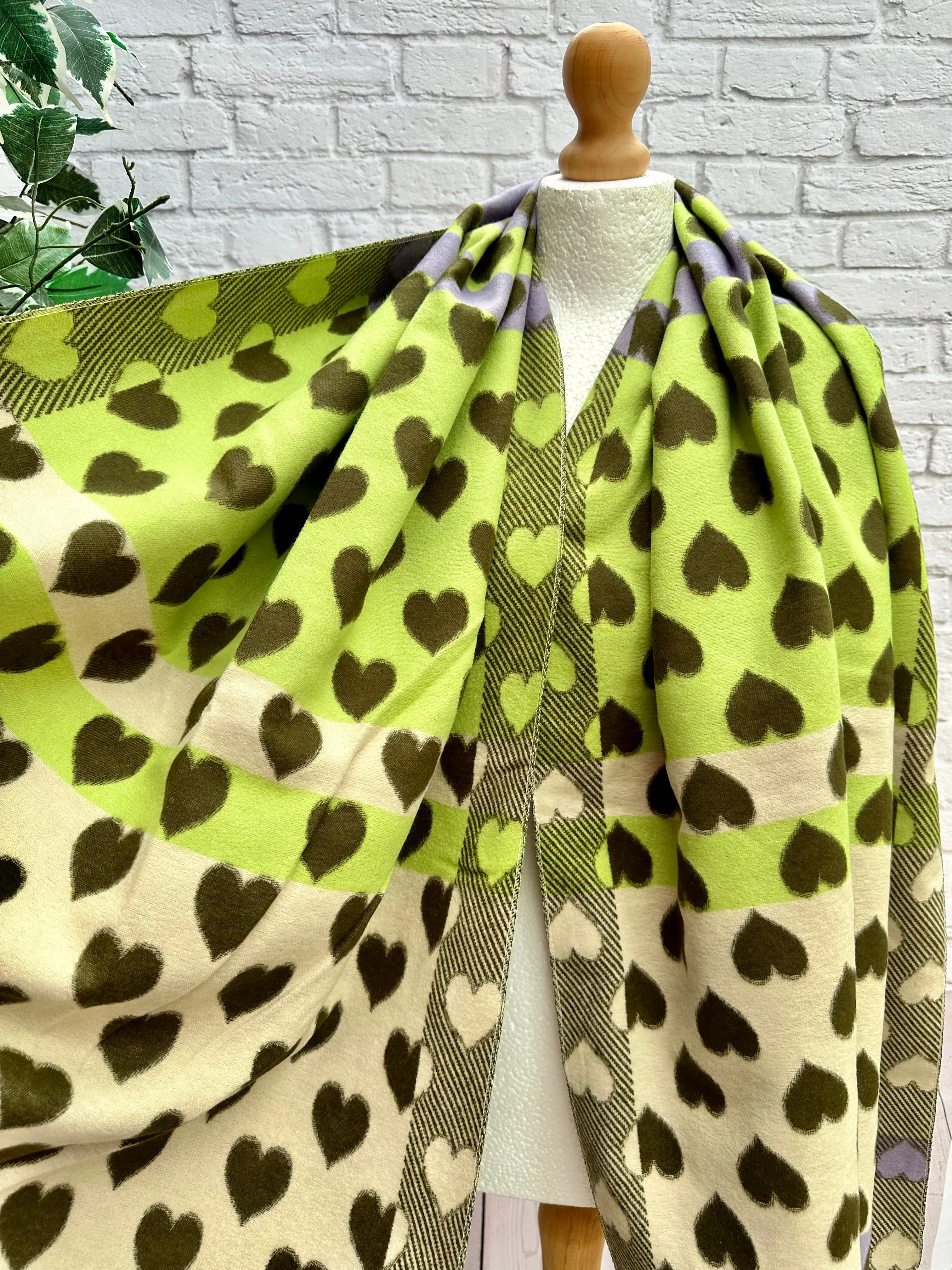 Thick Reversible Love Hearts KHAKI GREEN CREAM LILAC Pashmina Winter Scarf